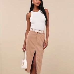 Lulus Tan Midi Pencil Skirt with Slit for Work - tan corduroy midi skirt
